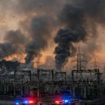 Damaged Ukrainian power plant with smoke columns rising at dusk after reported Russian drone strikes
