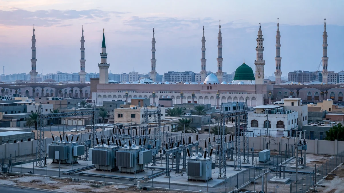 The Prophet's Mosque in Medina at dawn with an electrical substation in the foreground, after the Saudi-led coalition accused the Houthis of a drone attack on a power station serving the mosque.