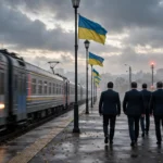 Officials walking along a train platform lined with Ukrainian flags in Kyiv as a train arrives under a stormy sky