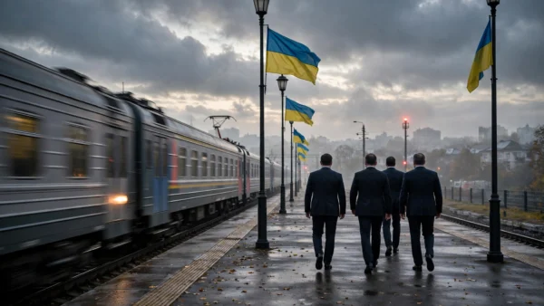 Officials walking along a train platform lined with Ukrainian flags in Kyiv as a train arrives under a stormy sky