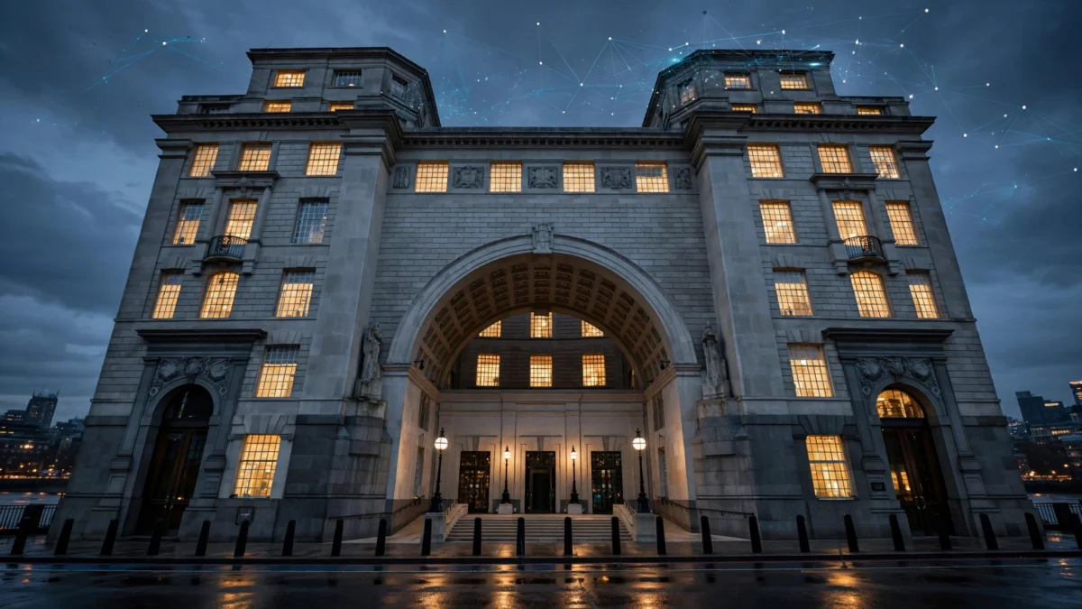 Photorealistic editorial view of Thames House, the headquarters of Britain's MI5 security service in London, at dusk, with a faint AI network pattern in the evening sky suggesting hybrid cyber threats