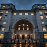 Photorealistic editorial view of Thames House, the headquarters of Britain's MI5 security service in London, at dusk, with a faint AI network pattern in the evening sky suggesting hybrid cyber threats