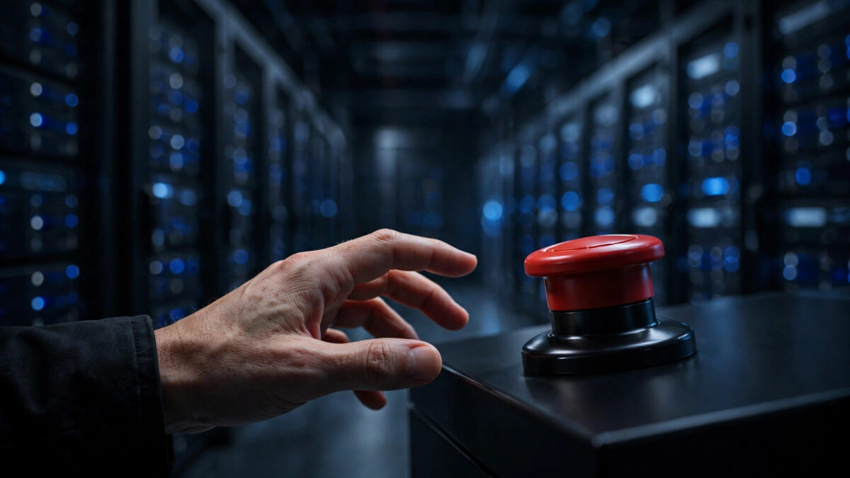 A human hand reaching for a red emergency-stop button on a dark AI control console in a data center with glowing blue server racks.