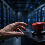 A human hand reaching for a red emergency-stop button on a dark AI control console in a data center with glowing blue server racks.
