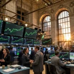 New York Stock Exchange-style trading floor at the closing bell, with traders and wall screens showing rising green stock charts
