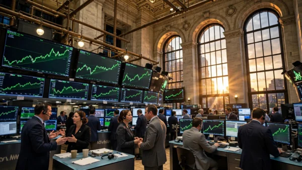 New York Stock Exchange-style trading floor at the closing bell, with traders and wall screens showing rising green stock charts