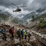 Rescue helicopter airlifting stranded trekkers out of a landslide-hit Himalayan valley in Nepal amid monsoon clouds