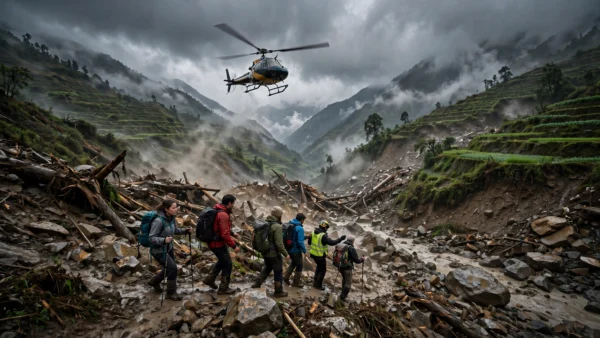 Rescue helicopter airlifting stranded trekkers out of a landslide-hit Himalayan valley in Nepal amid monsoon clouds