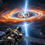 Artist's illustration of the Einstein Probe satellite observing the hidden X-ray glow from a binary neutron star merger with high-energy jets