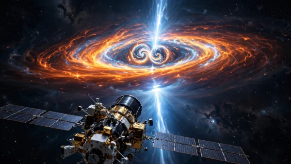 Artist's illustration of the Einstein Probe satellite observing the hidden X-ray glow from a binary neutron star merger with high-energy jets