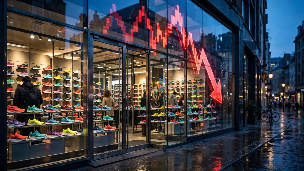 Athletic sneaker storefront at dusk with a red falling stock-chart arrow reflected in the glass display windows.