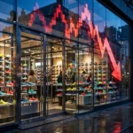 Athletic sneaker storefront at dusk with a red falling stock-chart arrow reflected in the glass display windows.