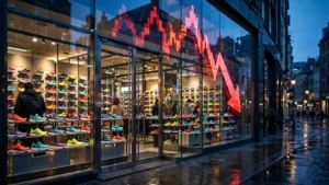 Athletic sneaker storefront at dusk with a red falling stock-chart arrow reflected in the glass display windows.