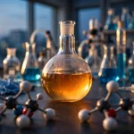 A chemistry laboratory bench with a large flask of amber liquid and ball-and-stick molecular models arranged as mirror-image pairs