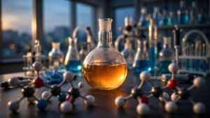 A chemistry laboratory bench with a large flask of amber liquid and ball-and-stick molecular models arranged as mirror-image pairs