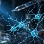 Photorealistic close-up of a glowing network of neurons under blue light in a neuroscience laboratory, illustrating optogenetics