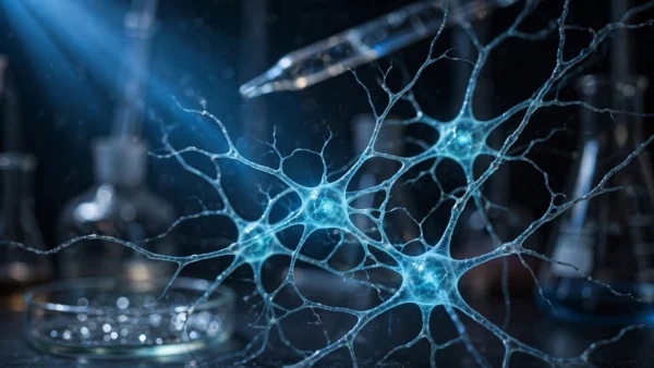 Photorealistic close-up of a glowing network of neurons under blue light in a neuroscience laboratory, illustrating optogenetics