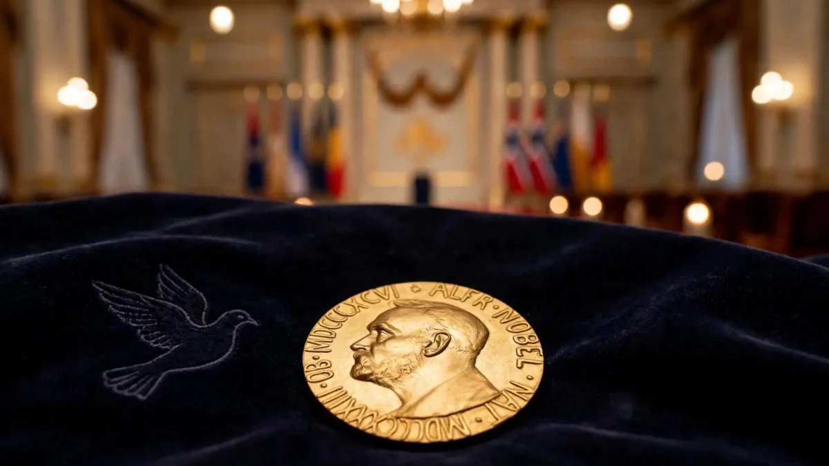 The Nobel Peace Prize medal resting on dark velvet against a softly lit Oslo ceremony hall backdrop, symbolising the 2026 award.