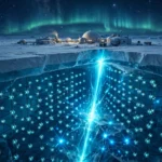 A cutaway illustration of the IceCube neutrino observatory beneath Antarctic ice, showing a grid of glowing sensor spheres and a brilliant cyan neutrino event streak below the South Pole station