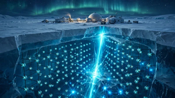 A cutaway illustration of the IceCube neutrino observatory beneath Antarctic ice, showing a grid of glowing sensor spheres and a brilliant cyan neutrino event streak below the South Pole station