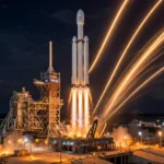 SpaceX Falcon Heavy rocket lifting off from Kennedy Space Center at night on a classified national security mission