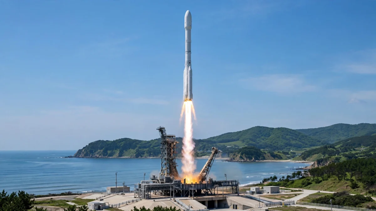 A three-stage rocket lifting off from a coastal launch pad in South Korea, climbing through midday sky with a bright plume of exhaust over the ocean.