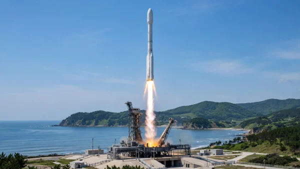 A three-stage rocket lifting off from a coastal launch pad in South Korea, climbing through midday sky with a bright plume of exhaust over the ocean.