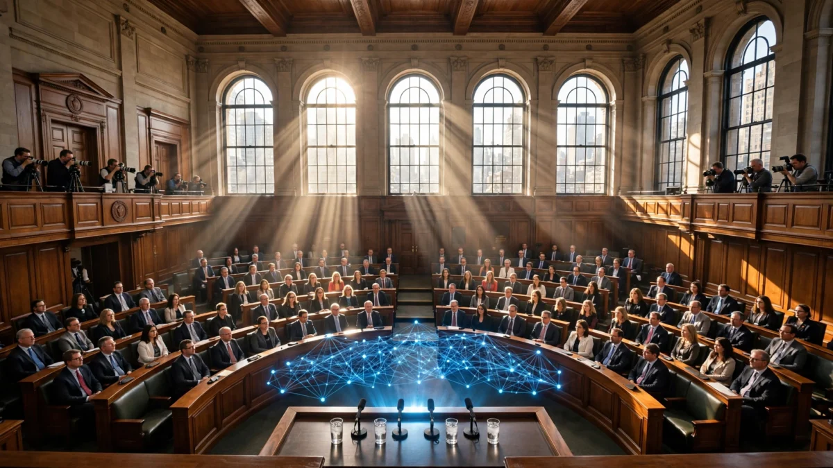 City council chamber with a witness table and glowing AI motif ahead of the sworn AI-safety hearing