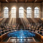 City council chamber with a witness table and glowing AI motif ahead of the sworn AI-safety hearing