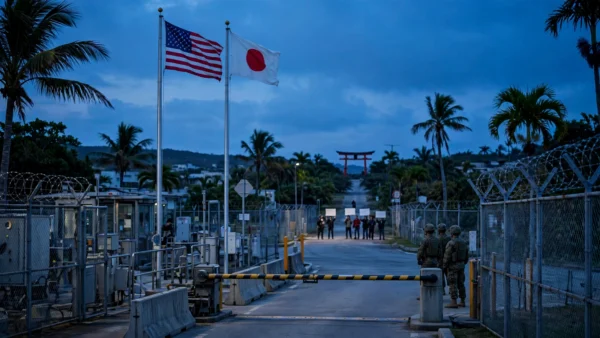 American and Japanese flags fly side by side at dusk outside a US Marine base gate in Okinawa, with a distant crowd holding blank placards and security personnel standing nearby — editorial illustration of the month-long curfew imposed after a Marine's arrest.