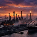 Oil refinery and supertanker terminal at dusk, representing OPEC+ oil production