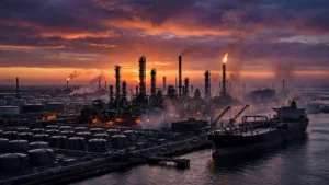Oil refinery and supertanker terminal at dusk, representing OPEC+ oil production