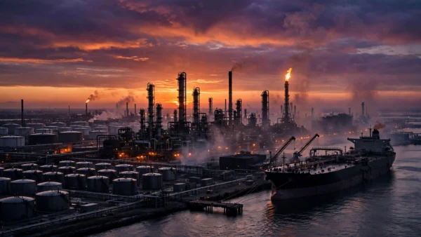 Oil refinery and supertanker terminal at dusk, representing OPEC+ oil production