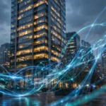 Modern office tower at dusk with glowing blue neural-network light trails, illustrating artificial intelligence research