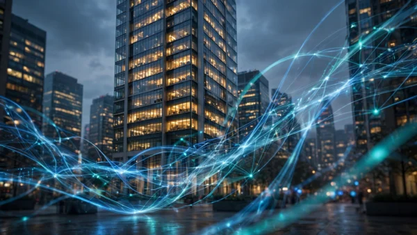 Modern office tower at dusk with glowing blue neural-network light trails, illustrating artificial intelligence research