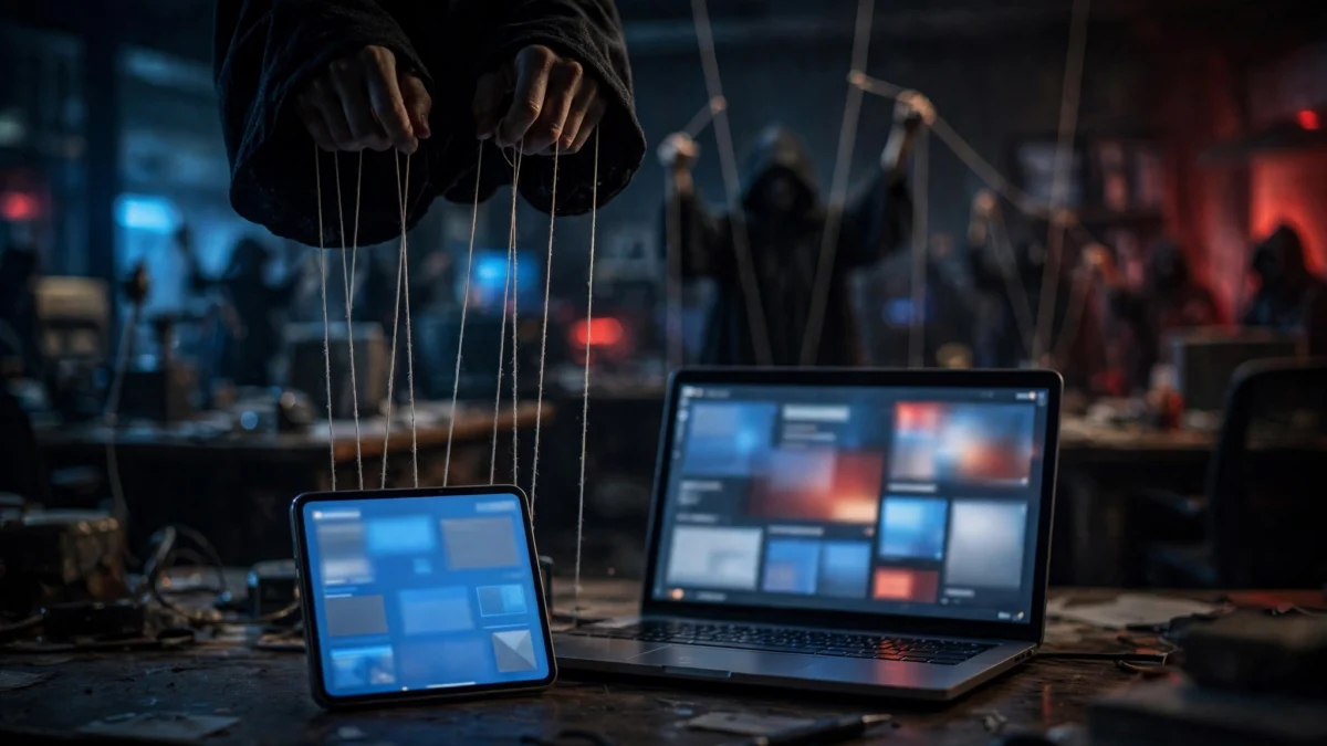 Shadowy puppeteer hands pulling strings above a laptop and tablet glowing with news feeds in a dark newsroom, symbolising covert influence operations
