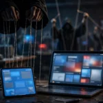 Shadowy puppeteer hands pulling strings above a laptop and tablet glowing with news feeds in a dark newsroom, symbolising covert influence operations