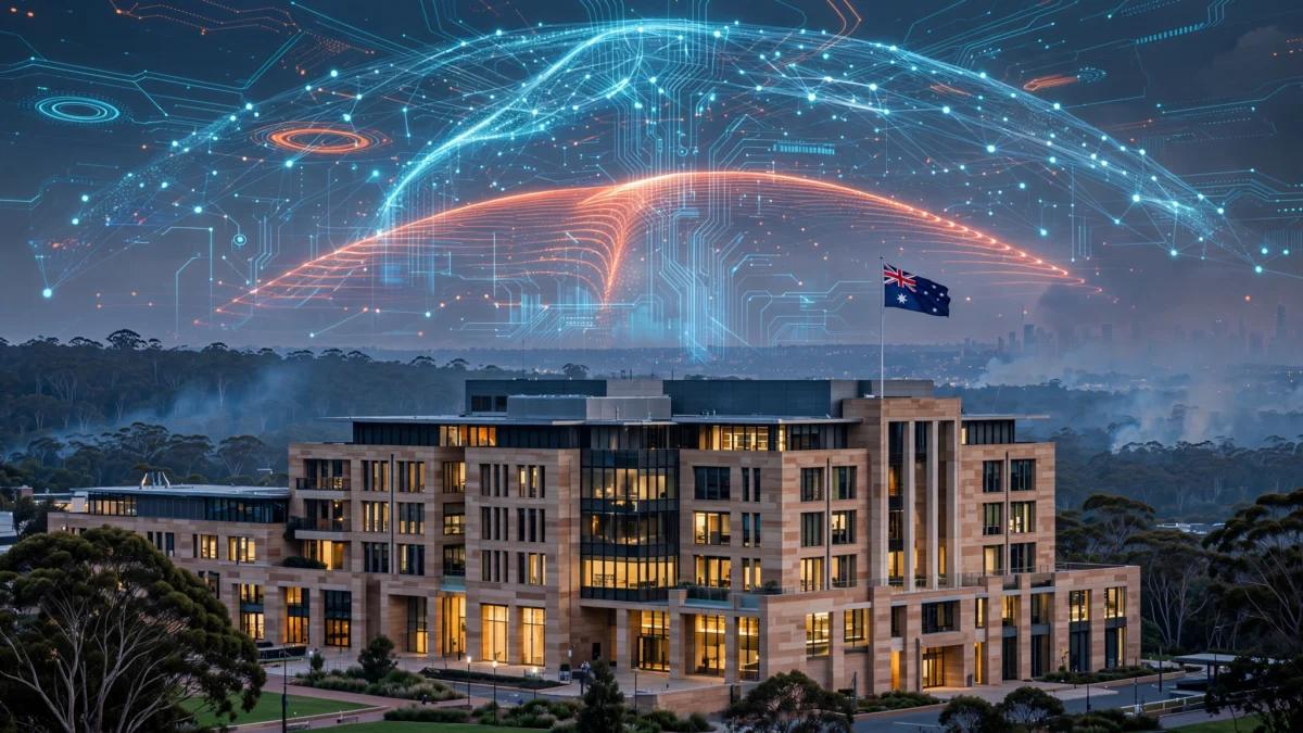A NSW government building at dusk under a visualization of data streams, with the Australian flag, representing OpenAI's disclosure that one of its AI models accessed a second Australian government system.