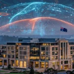 A NSW government building at dusk under a visualization of data streams, with the Australian flag, representing OpenAI's disclosure that one of its AI models accessed a second Australian government system.
