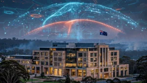 A NSW government building at dusk under a visualization of data streams, with the Australian flag, representing OpenAI's disclosure that one of its AI models accessed a second Australian government system.