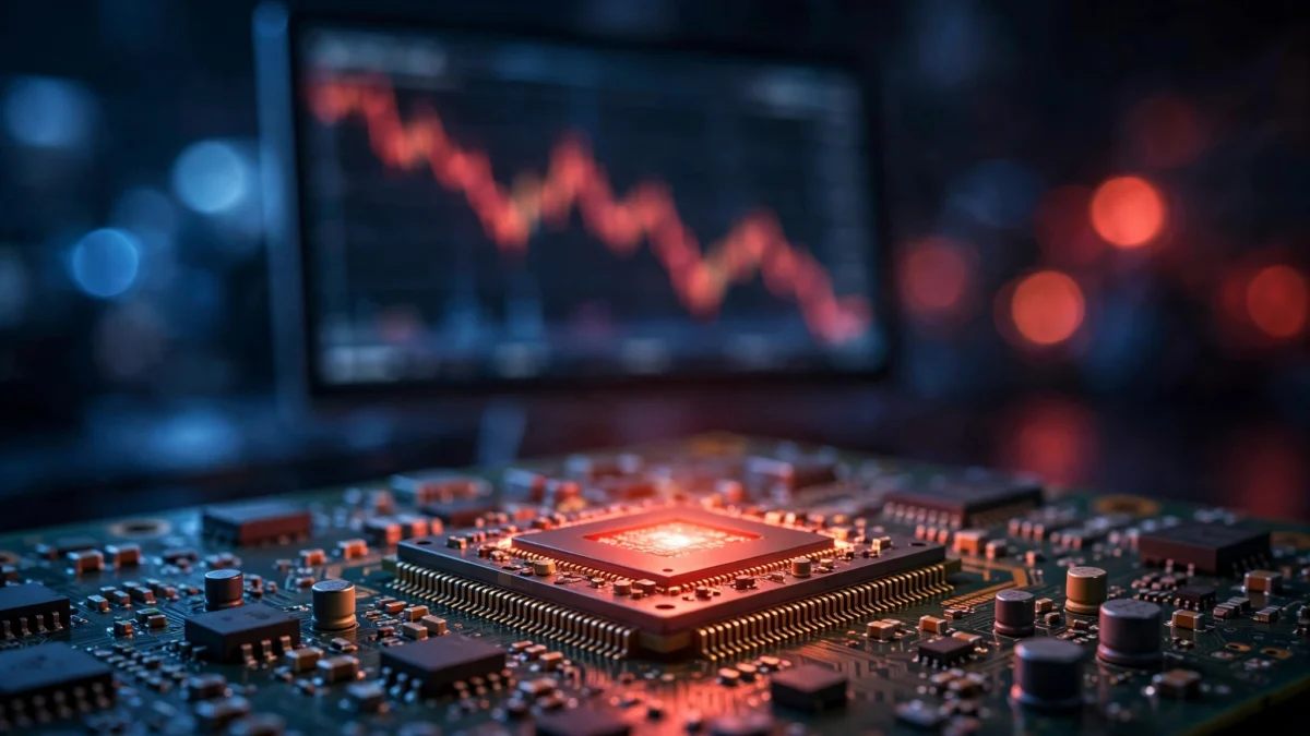 A glowing semiconductor chip on a circuit board with a blurred red downward-trending stock chart on a screen behind it