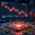 A glowing semiconductor chip on a circuit board with a blurred red downward-trending stock chart on a screen behind it