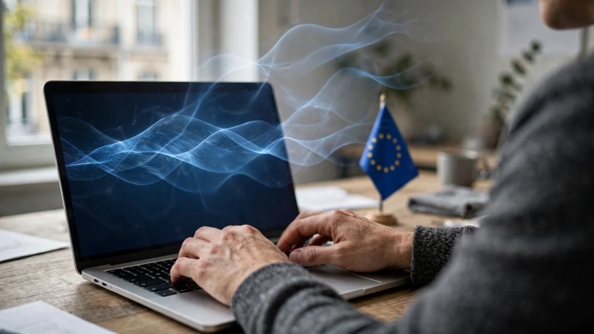 A person typing on a laptop with blue digital watermark waves rising above the screen and a European Union flag on the desk, representing OpenAI's invisible text watermarking for ChatGPT in the EU