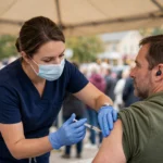 A healthcare worker administering a vaccination shot at an outdoor community clinic in Pennsylvania