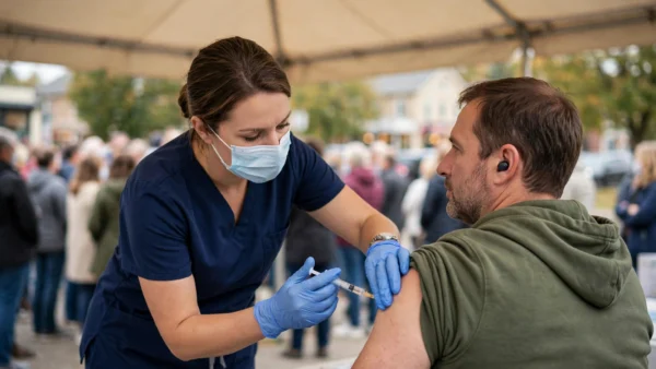 A healthcare worker administering a vaccination shot at an outdoor community clinic in Pennsylvania