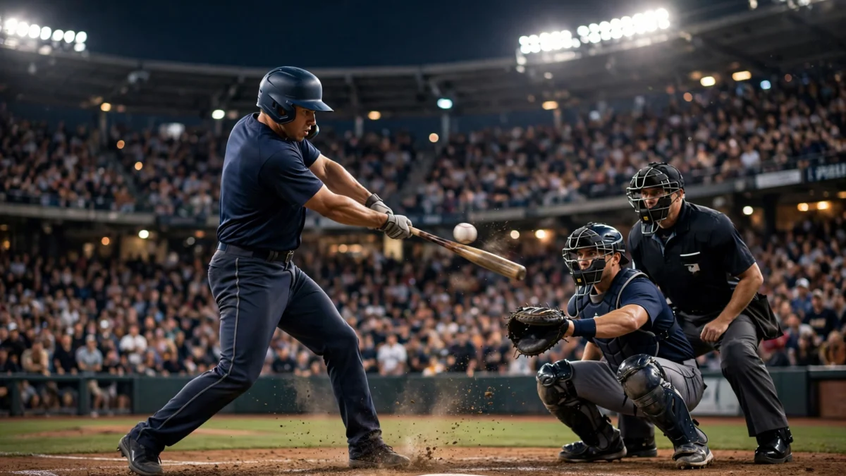 A batter mid-swing under the floodlights of a packed stadium during a night MLB playoff game, with the catcher and umpire behind home plate.