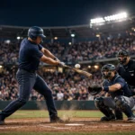 A batter mid-swing under the floodlights of a packed stadium during a night MLB playoff game, with the catcher and umpire behind home plate.