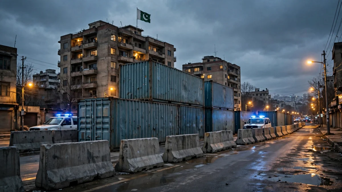 Shipping containers and concrete barriers blocking a street in Peshawar at dusk, police vans with flashing blue lights behind the barricades, Pakistani flag flying above a building