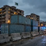 Shipping containers and concrete barriers blocking a street in Peshawar at dusk, police vans with flashing blue lights behind the barricades, Pakistani flag flying above a building