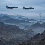 Two military fighter jets flying over rugged Afghan mountains with a distant plume of smoke on the horizon
